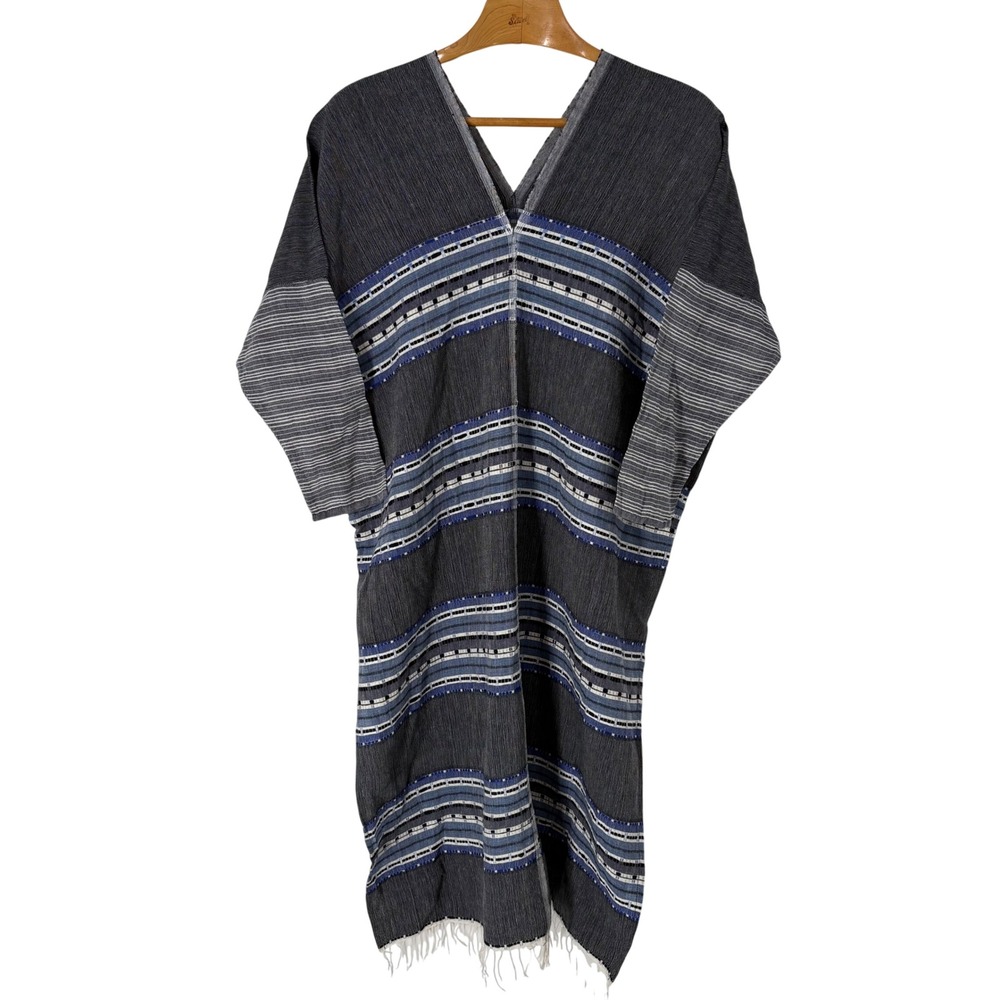 Lemlem Handwoven Cotton Wool Striped Caftan Dress Grey Blue Oversized Artsy
